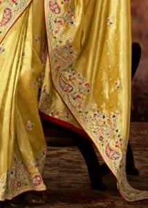 Bright Yellow Pure Banarasi Kanjivaram Saree with Heavy Pallu Weaving