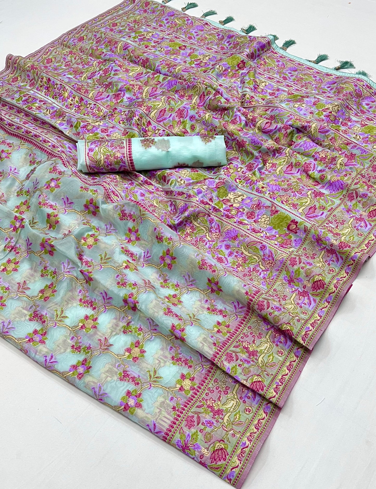Soft Teal Parsi Handloom Weaving Saree