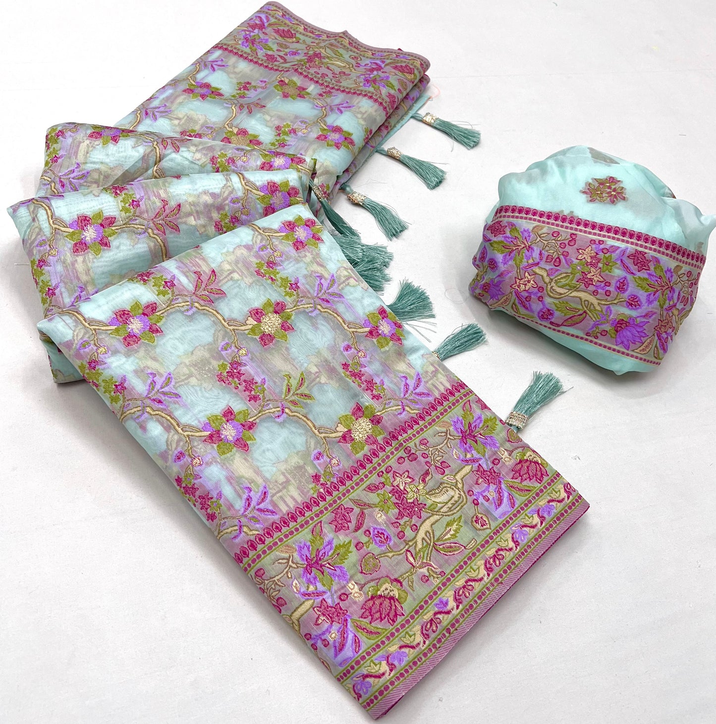 Soft Teal Parsi Handloom Weaving Saree