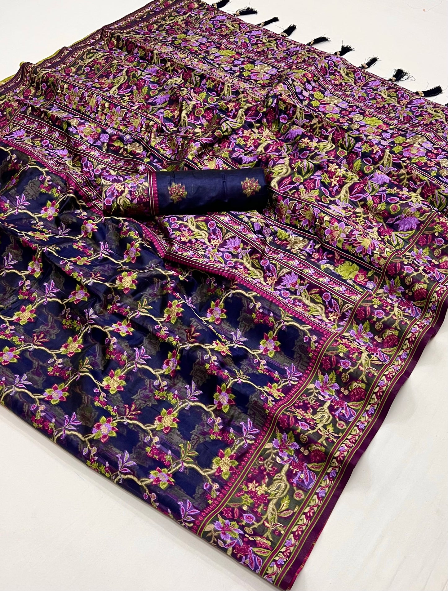 Dark Blue Organza Parsi Handloom Weaving Saree