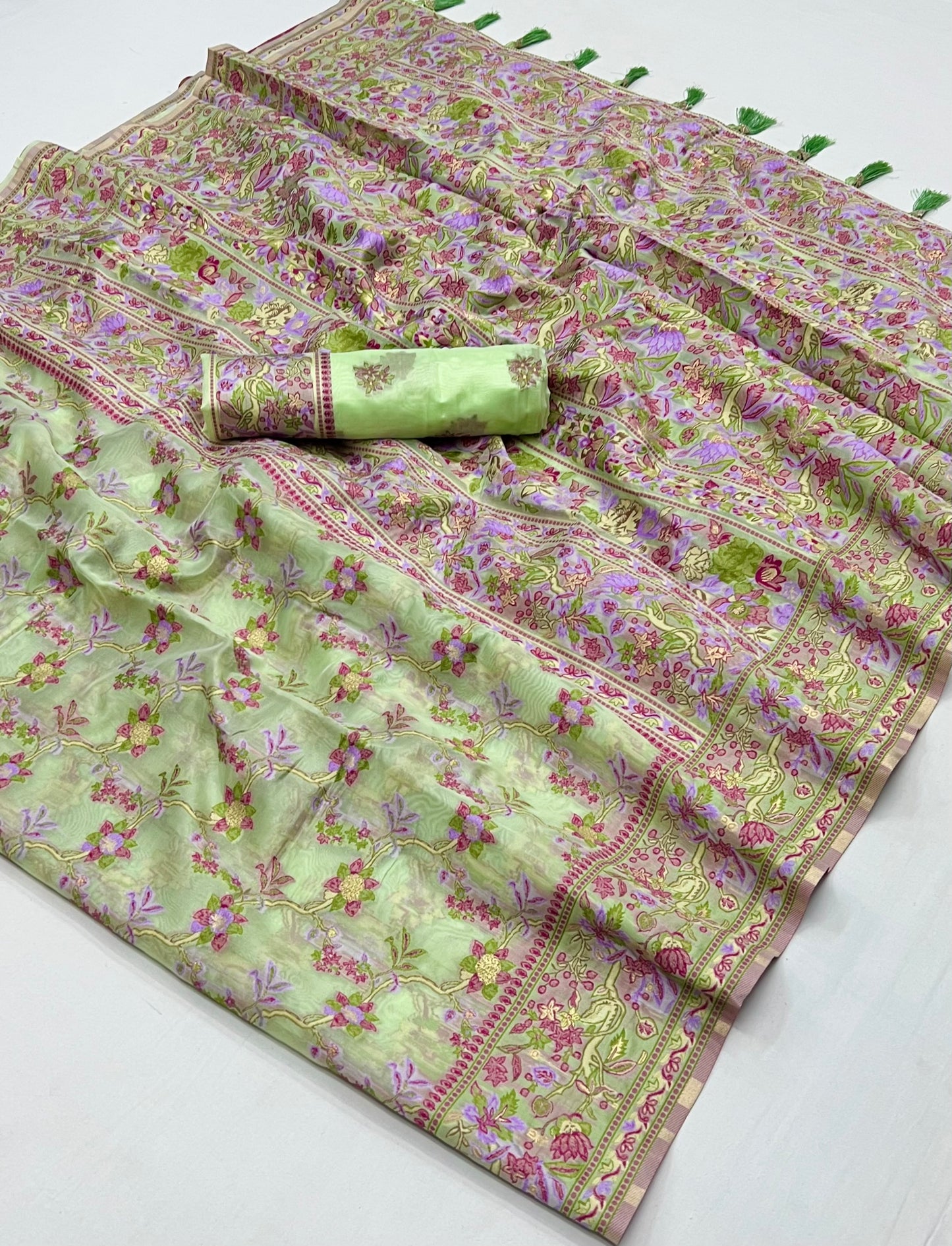 Pistachio Green Organza Parsi Handloom Weaving Saree