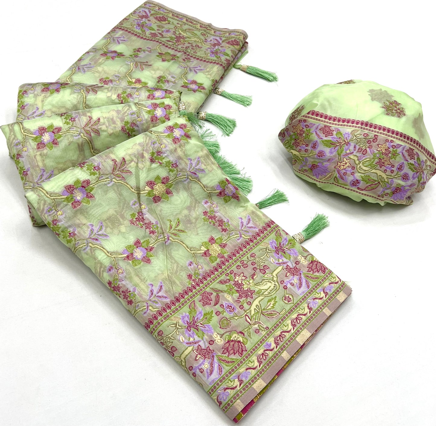 Pistachio Green Organza Parsi Handloom Weaving Saree