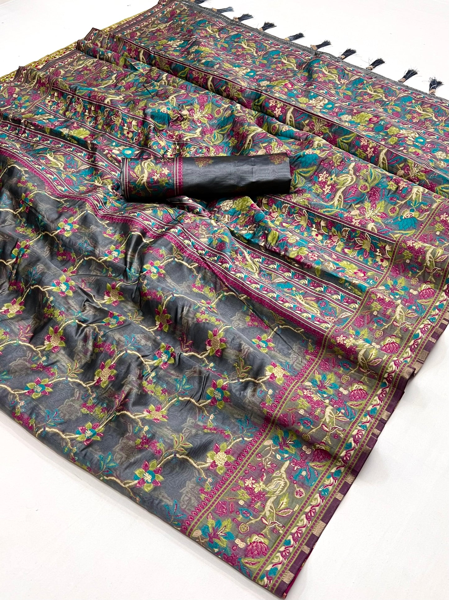 Grey Organza Parsi Handloom Weaving Saree