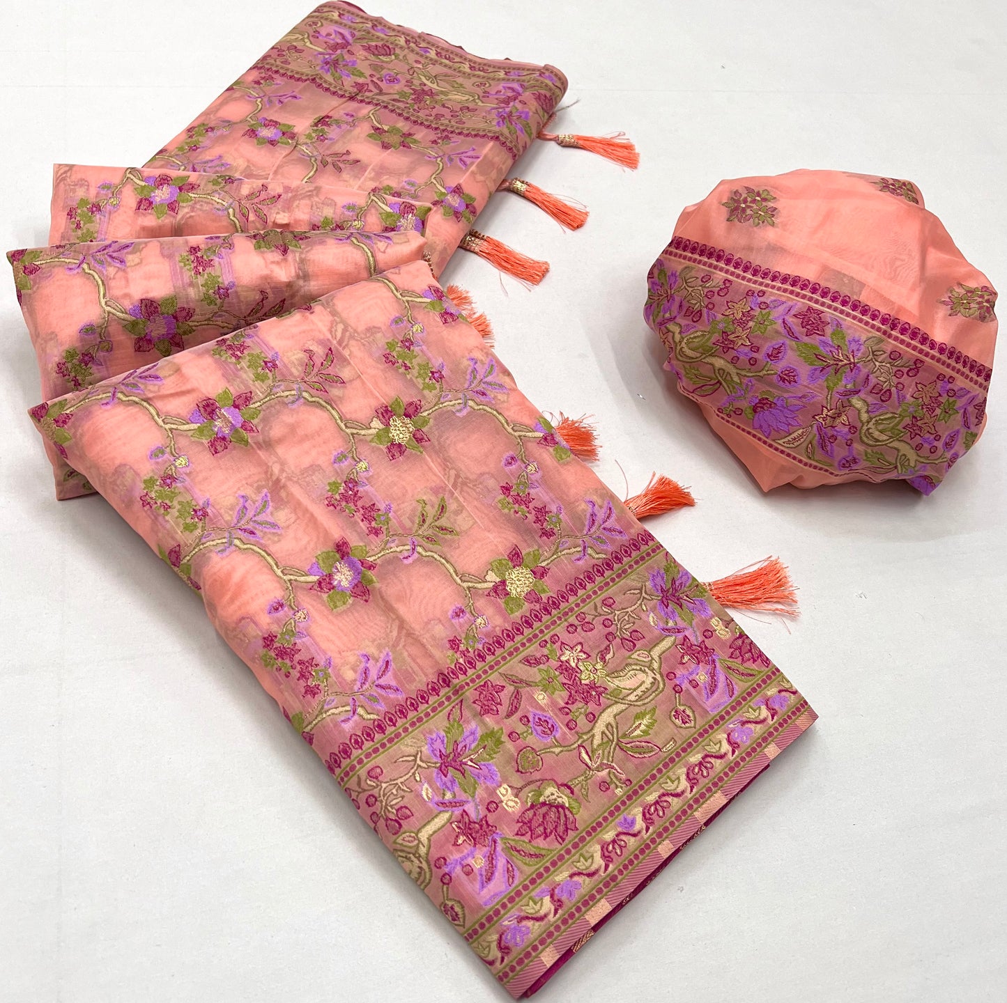 Peach Organza Parsi Handloom Weaving Saree
