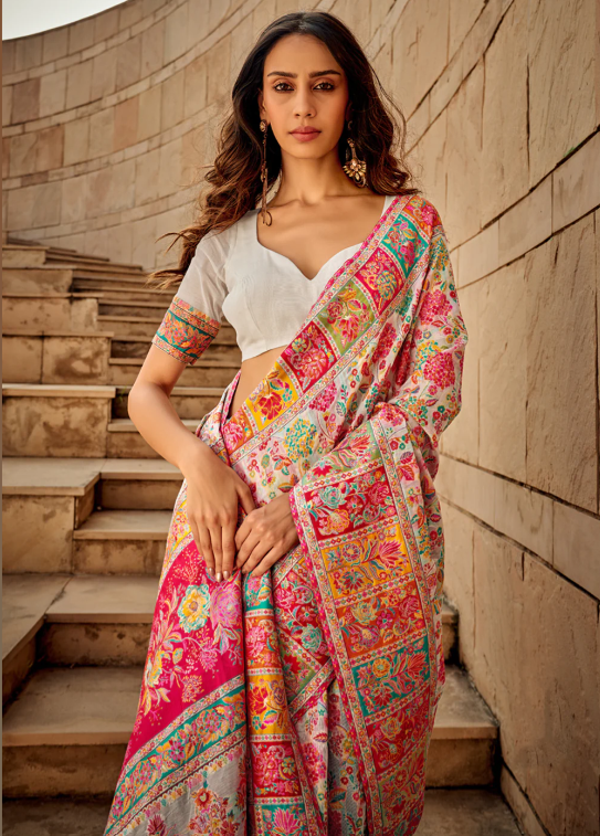White Kashmiri Modal Saree