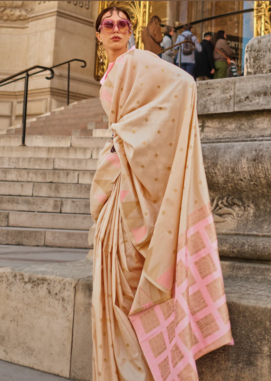 Cream Handloom Weaving Khaddi Silk Saree
