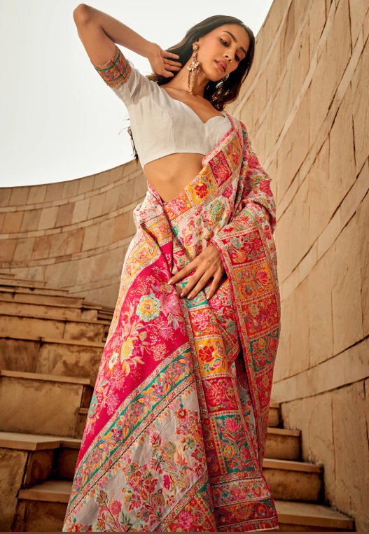 White Kashmiri Modal Saree