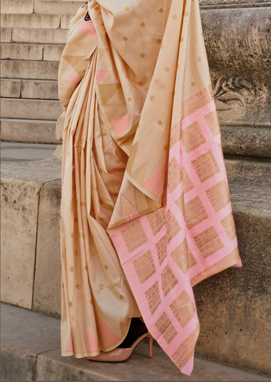 Cream Handloom Weaving Khaddi Silk Saree