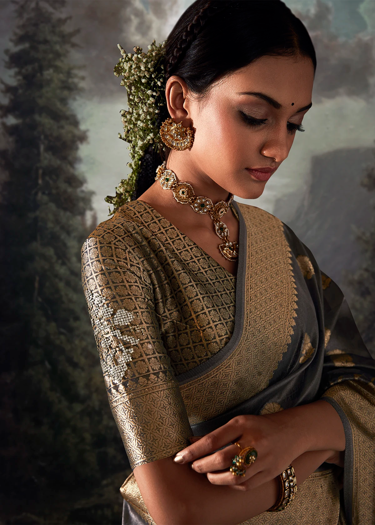 Dark Grey Pure Banarasi Silk Saree