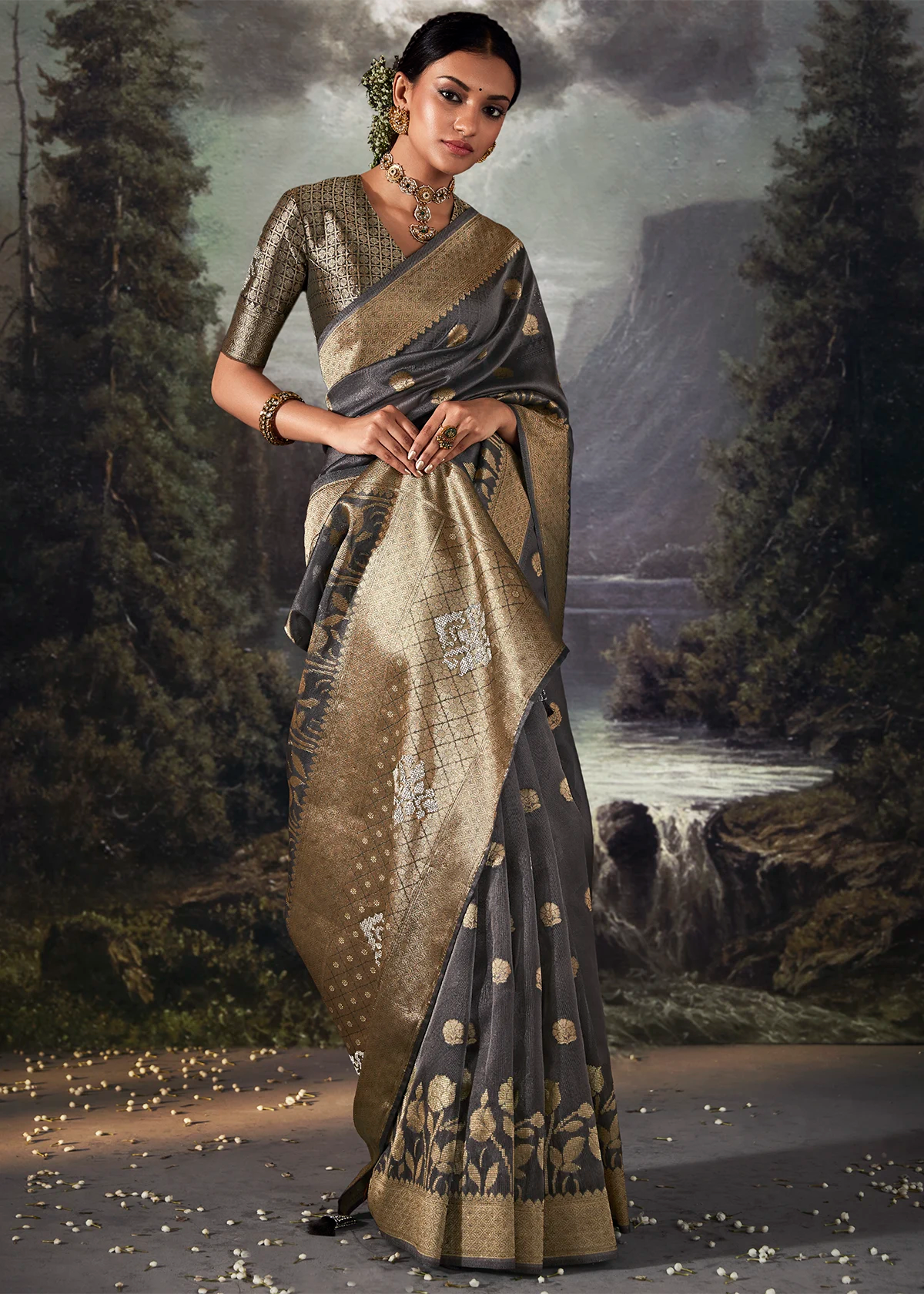 Dark Grey Pure Banarasi Silk Saree