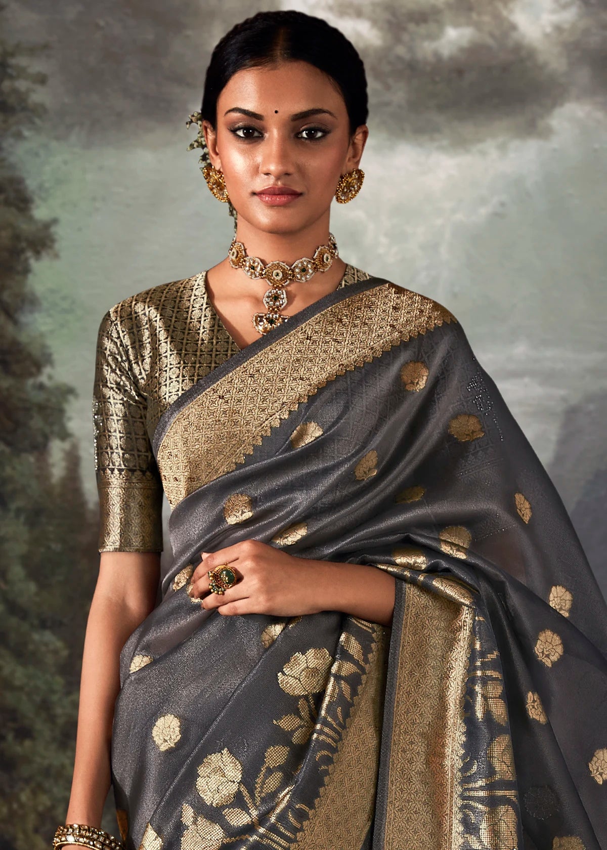 Dark Grey Pure Banarasi Silk Saree