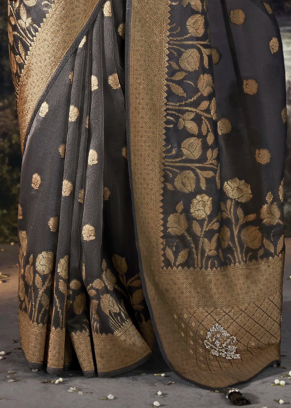Dark Grey Pure Banarasi Silk Saree