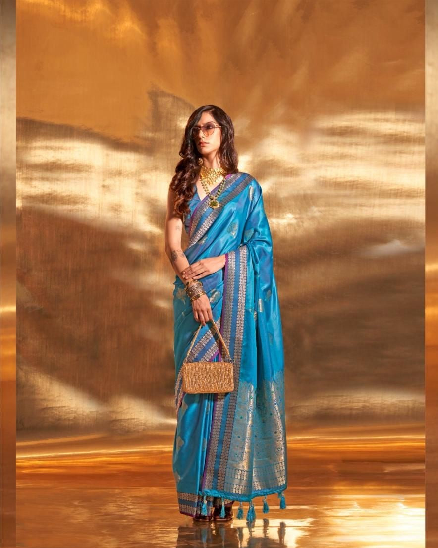 Blue Pure Satin Chaap Handloom Weaving Silk