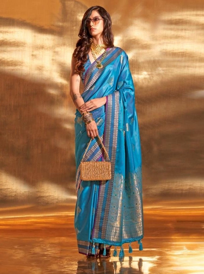 Blue Pure Satin Chaap Handloom Weaving Silk