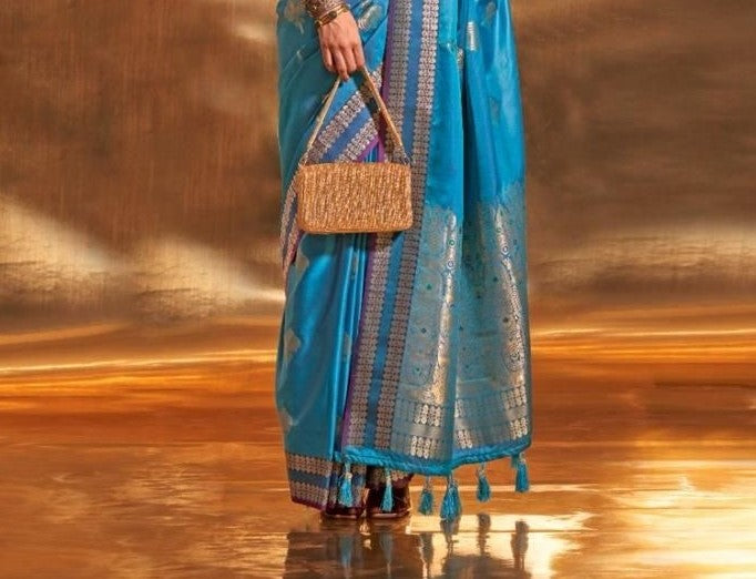 Blue Pure Satin Chaap Handloom Weaving Silk