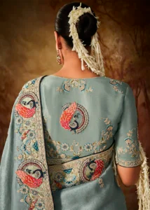 Dusty Blue Pure Banarasi Kanjivaram Saree with Heavy Pallu Weaving
