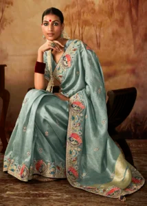 Dusty Blue Pure Banarasi Kanjivaram Saree with Heavy Pallu Weaving