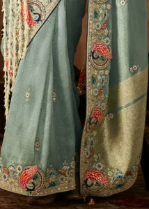 Dusty Blue Pure Banarasi Kanjivaram Saree with Heavy Pallu Weaving