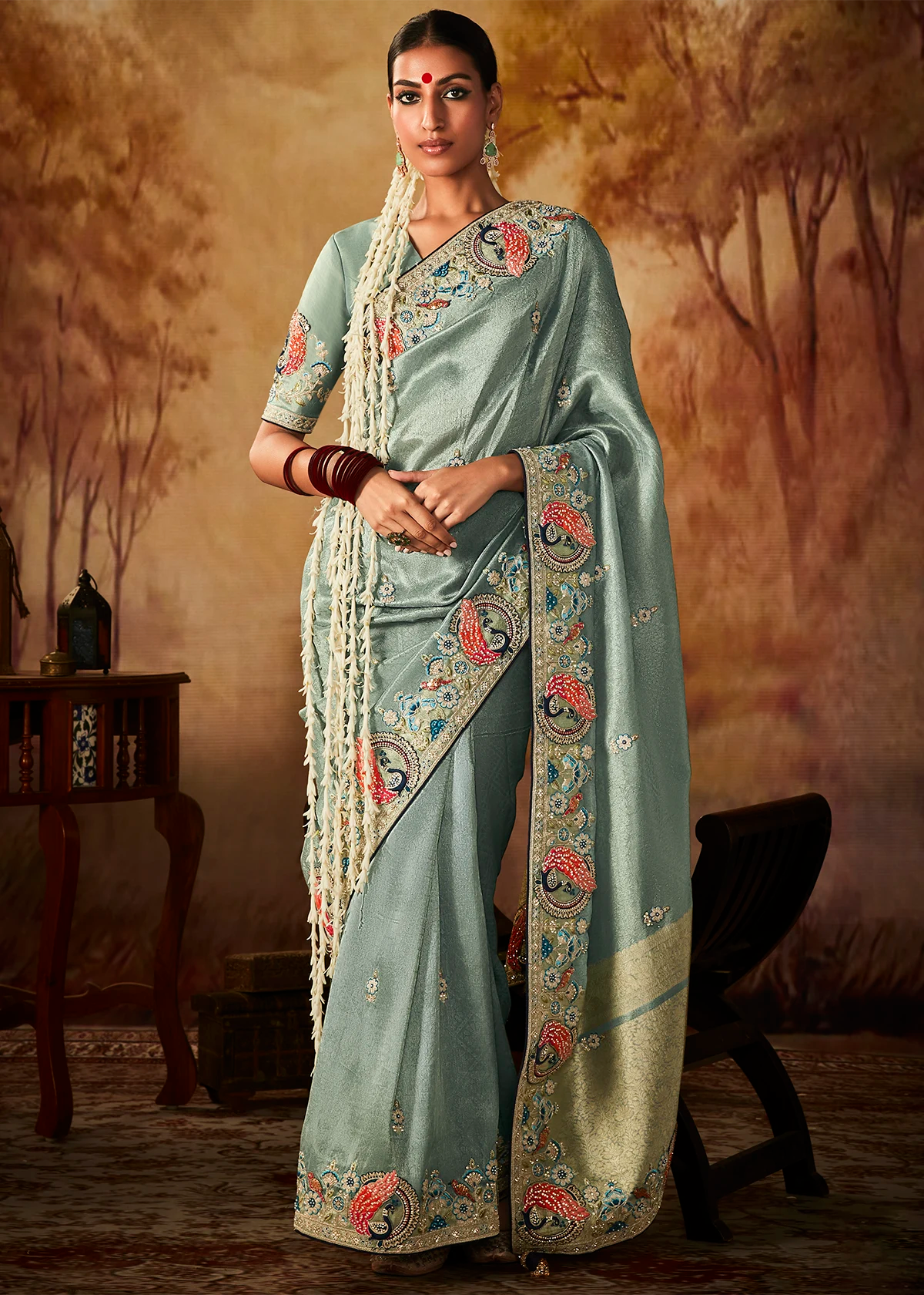 Dusty Blue Pure Banarasi Kanjivaram Saree with Heavy Pallu Weaving
