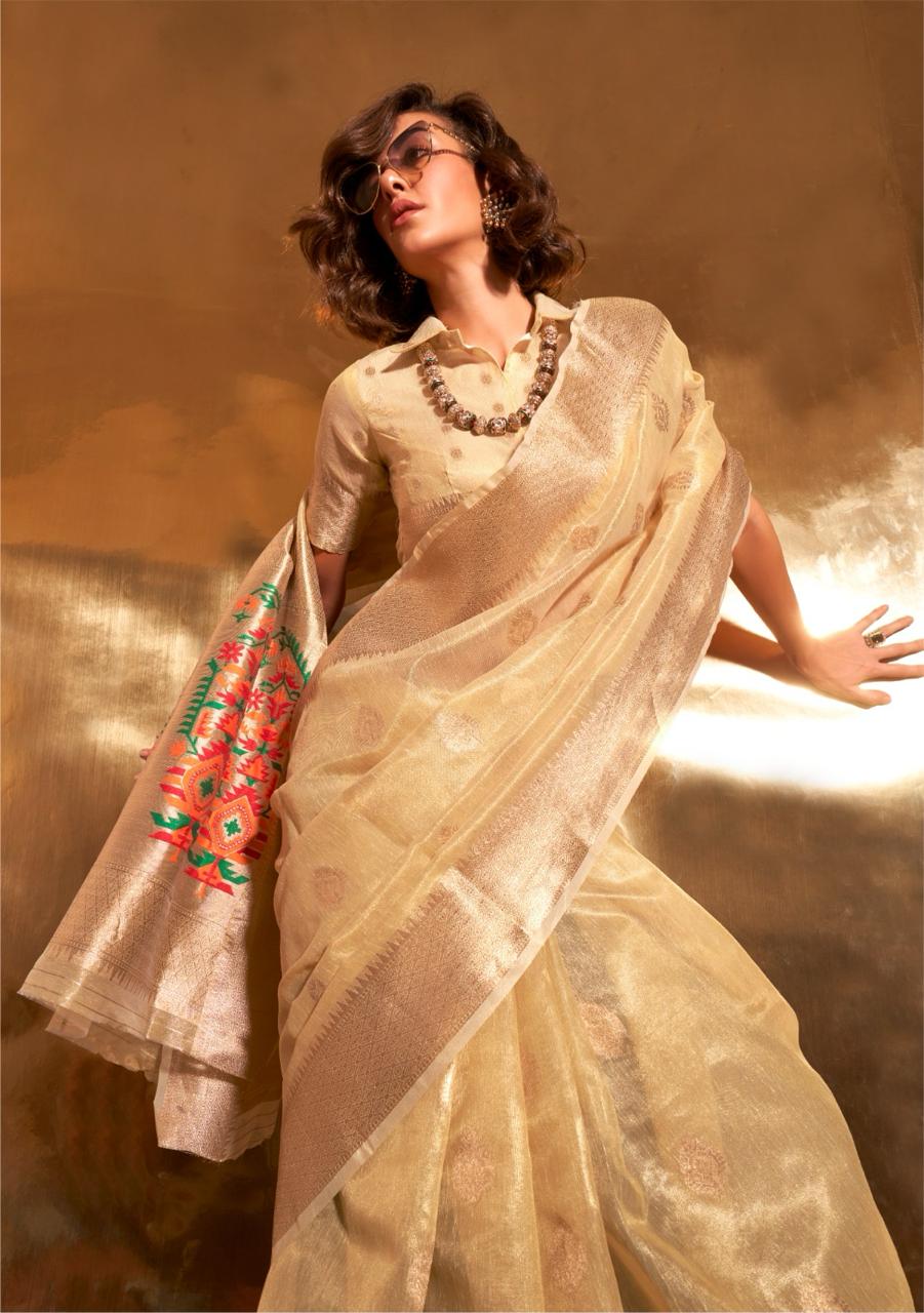 Gold Kora Tissue Paithani Zari Handwoven Saree