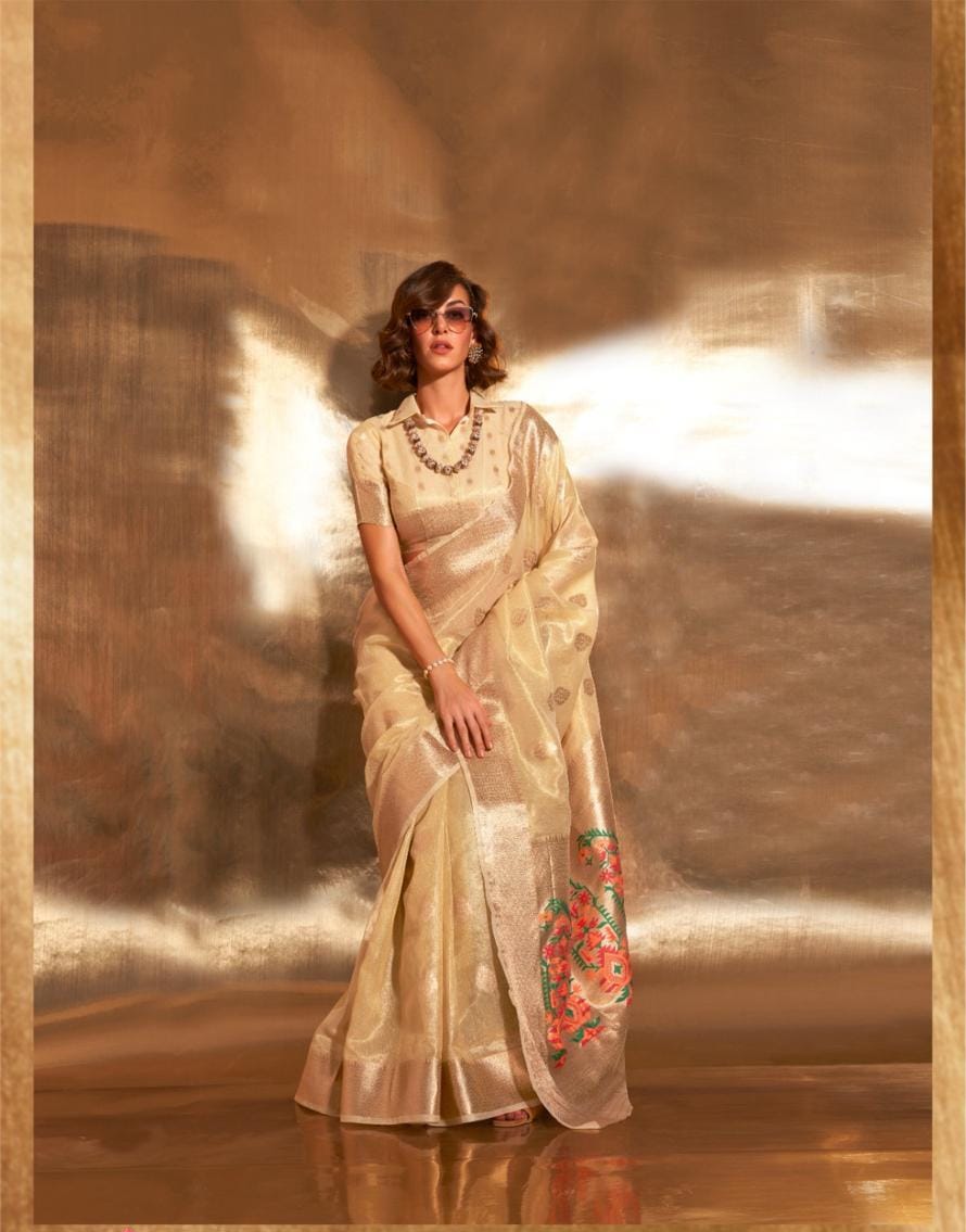 Gold Kora Tissue Paithani Zari Handwoven Saree