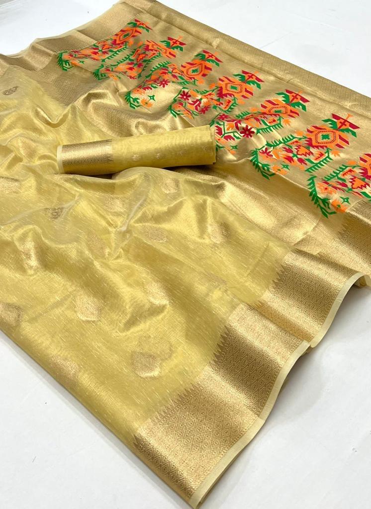 Gold Kora Tissue Paithani Zari Handwoven Saree