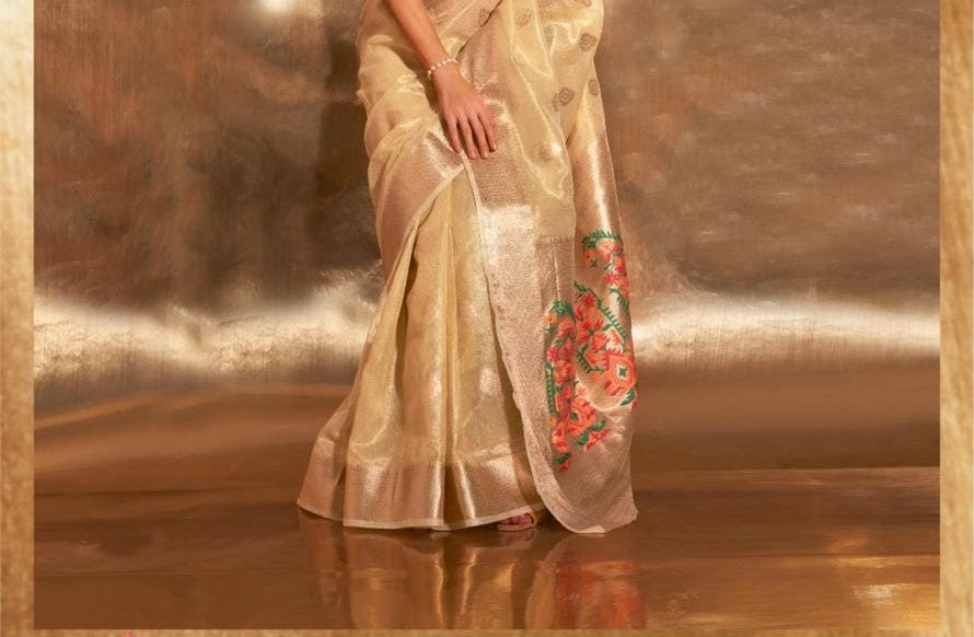 Gold Kora Tissue Paithani Zari Handwoven Saree