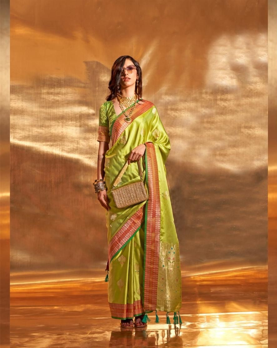 Mehndi Green Pure Satin Chaap Handloom Weaving Silk