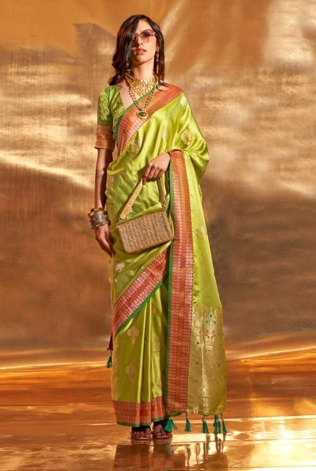 Mehndi Green Pure Satin Chaap Handloom Weaving Silk