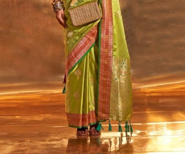 Mehndi Green Pure Satin Chaap Handloom Weaving Silk