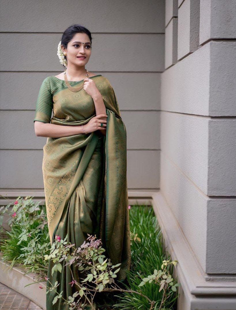 Green & Gold Soft Lichi Silk Saree