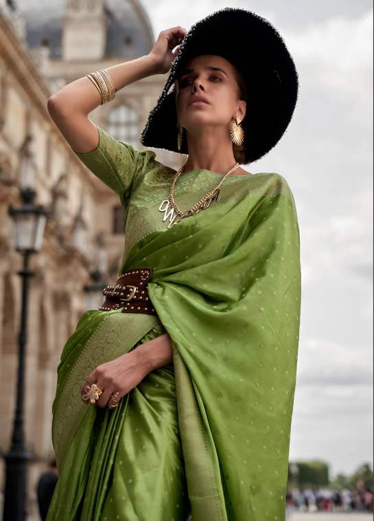 Parrot Green Pure Satin Handloom Weaving Silk Saree