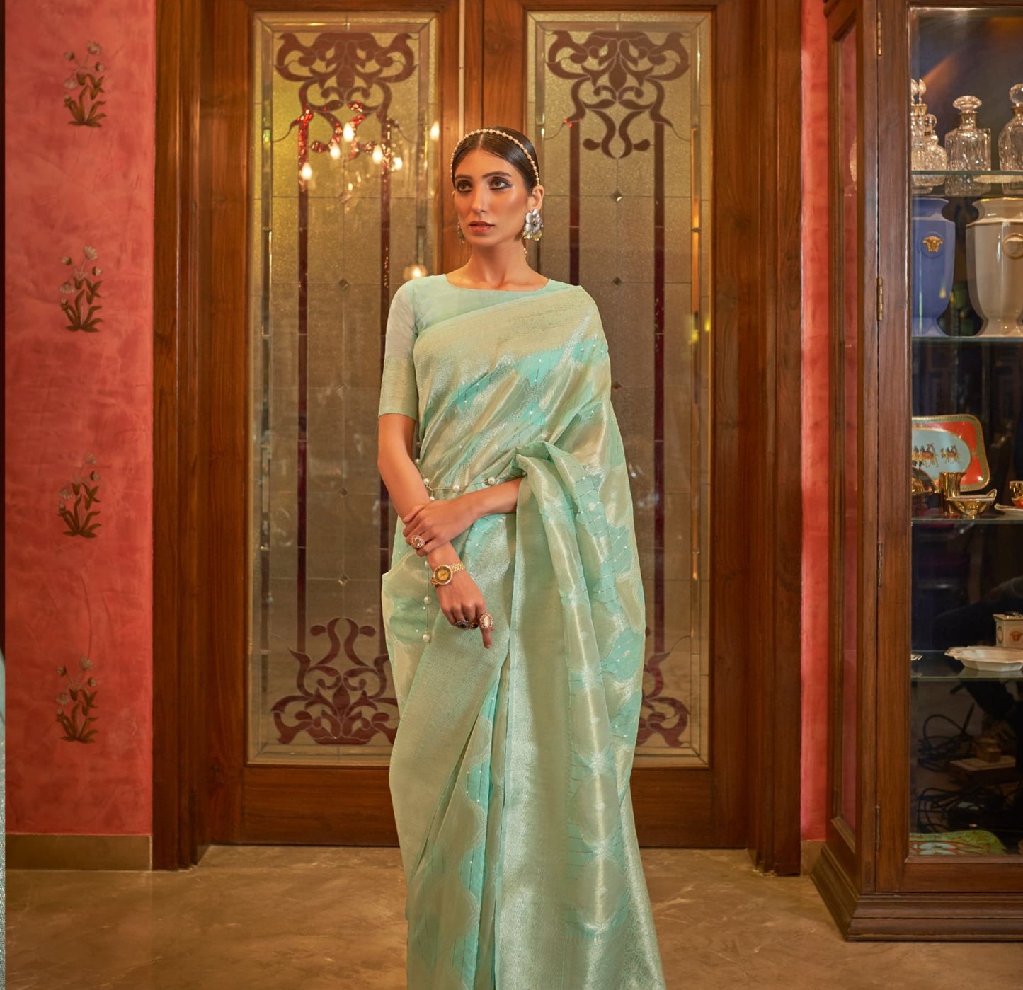 Green Modal Sequence Silk Saree