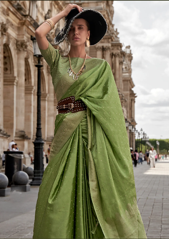 Parrot Green Pure Satin Handloom Weaving Silk Saree