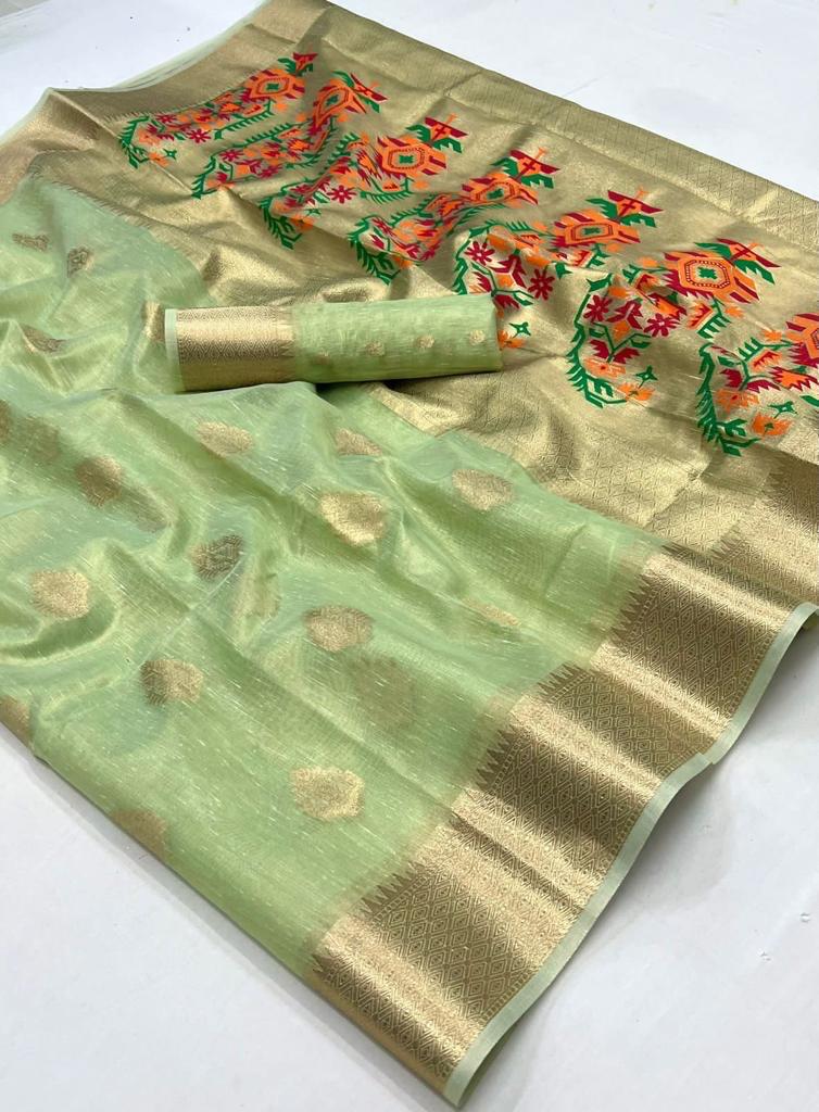 Green Kora Tissue Paithani Zari Handwoven Saree