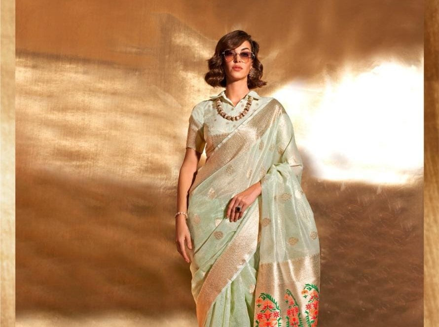 Green Kora Tissue Paithani Zari Handwoven Saree