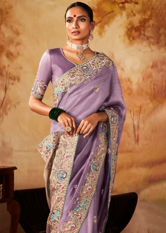 Lavender Pure Banarasi Kanjivaram Saree with Heavy Pallu Weaving
