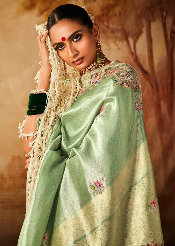 Light Green Pure Banarasi Kanjivaram Saree with Heavy Pallu Weaving