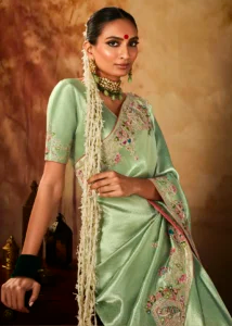Light Green Pure Banarasi Kanjivaram Saree with Heavy Pallu Weaving