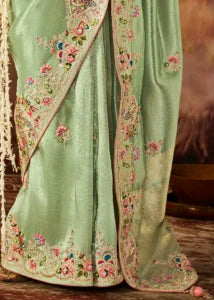 Light Green Pure Banarasi Kanjivaram Saree with Heavy Pallu Weaving
