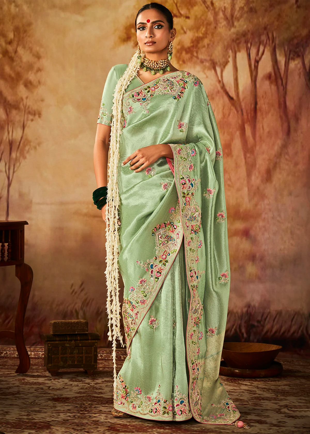 Light Green Pure Banarasi Kanjivaram Saree with Heavy Pallu Weaving