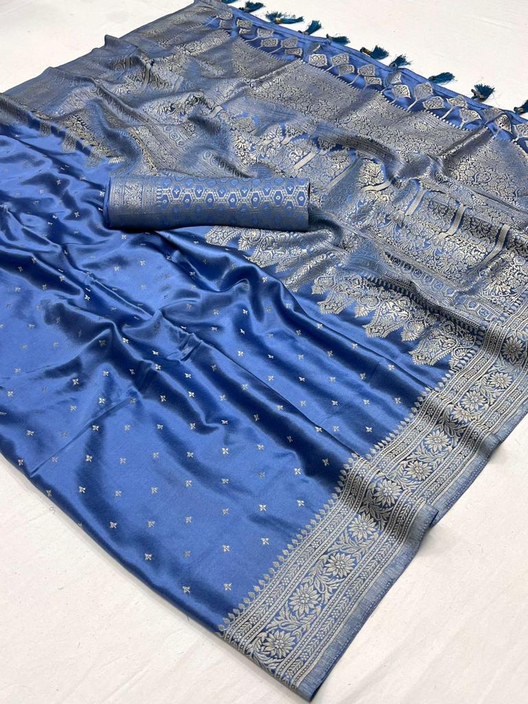 Allure Blue Pure Satin Handloom Weaving Silk Saree