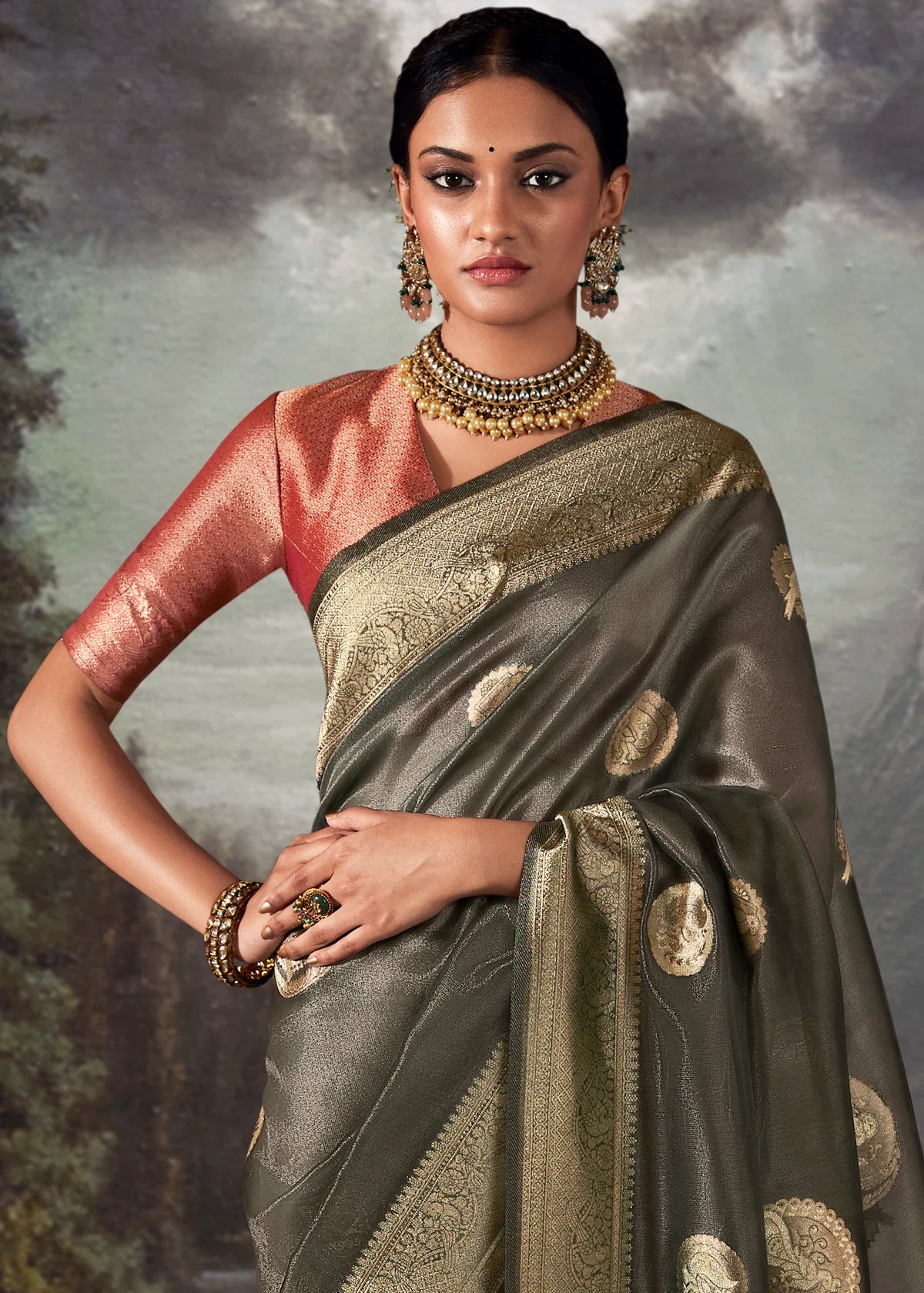 Olive Green Pure Banarasi Silk Saree