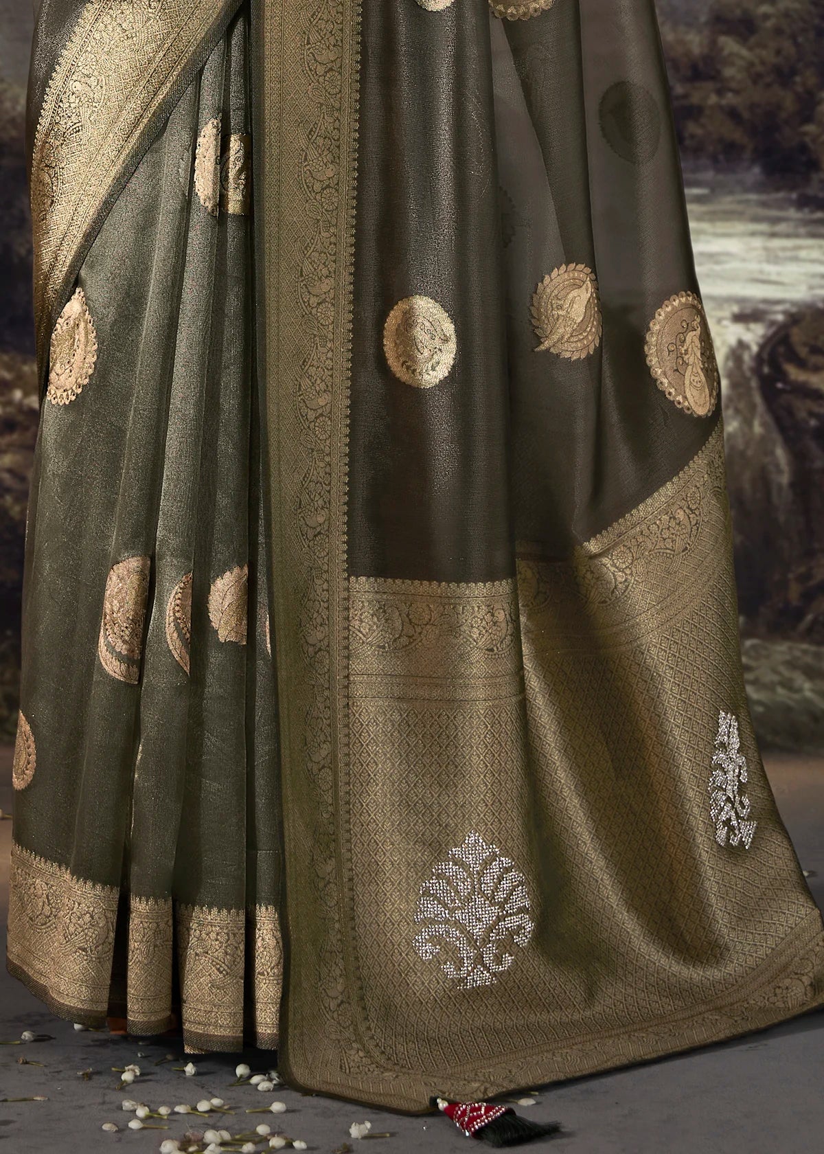 Olive Green Pure Banarasi Silk Saree