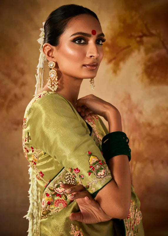 Olive Green Pure Banarasi Kanjivaram Saree with Heavy Pallu Weaving