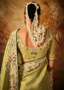 Olive Green Pure Banarasi Kanjivaram Saree with Heavy Pallu Weaving