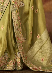 Olive Green Pure Banarasi Kanjivaram Saree with Heavy Pallu Weaving