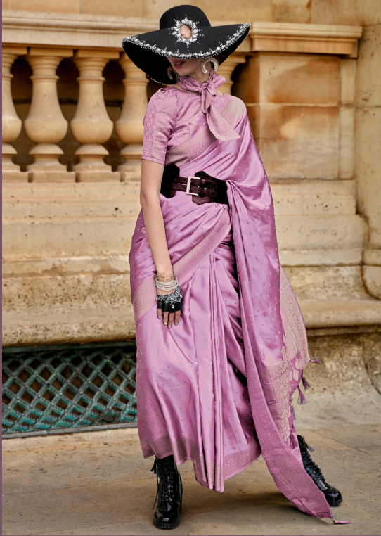 Onion Pink Pure Satin Handloom Weaving Silk Saree