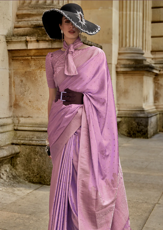 Onion Pink Pure Satin Handloom Weaving Silk Saree