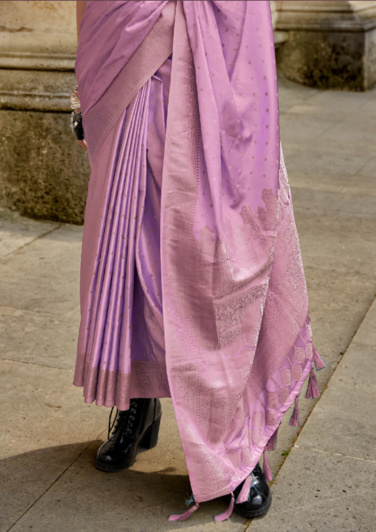 Onion Pink Pure Satin Handloom Weaving Silk Saree